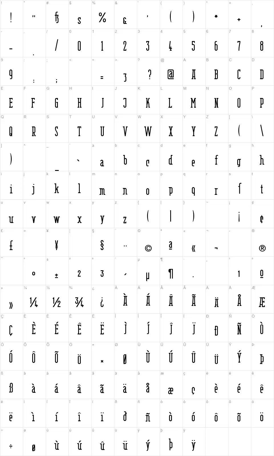 Berlin Email Serif Map Berlin Email Seriffont character map