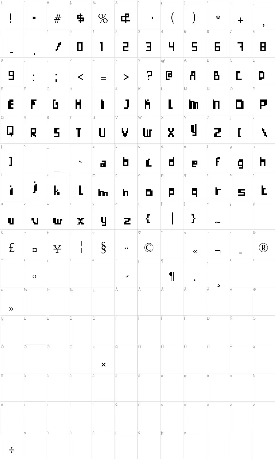 Errorize Map Errorizefont character map