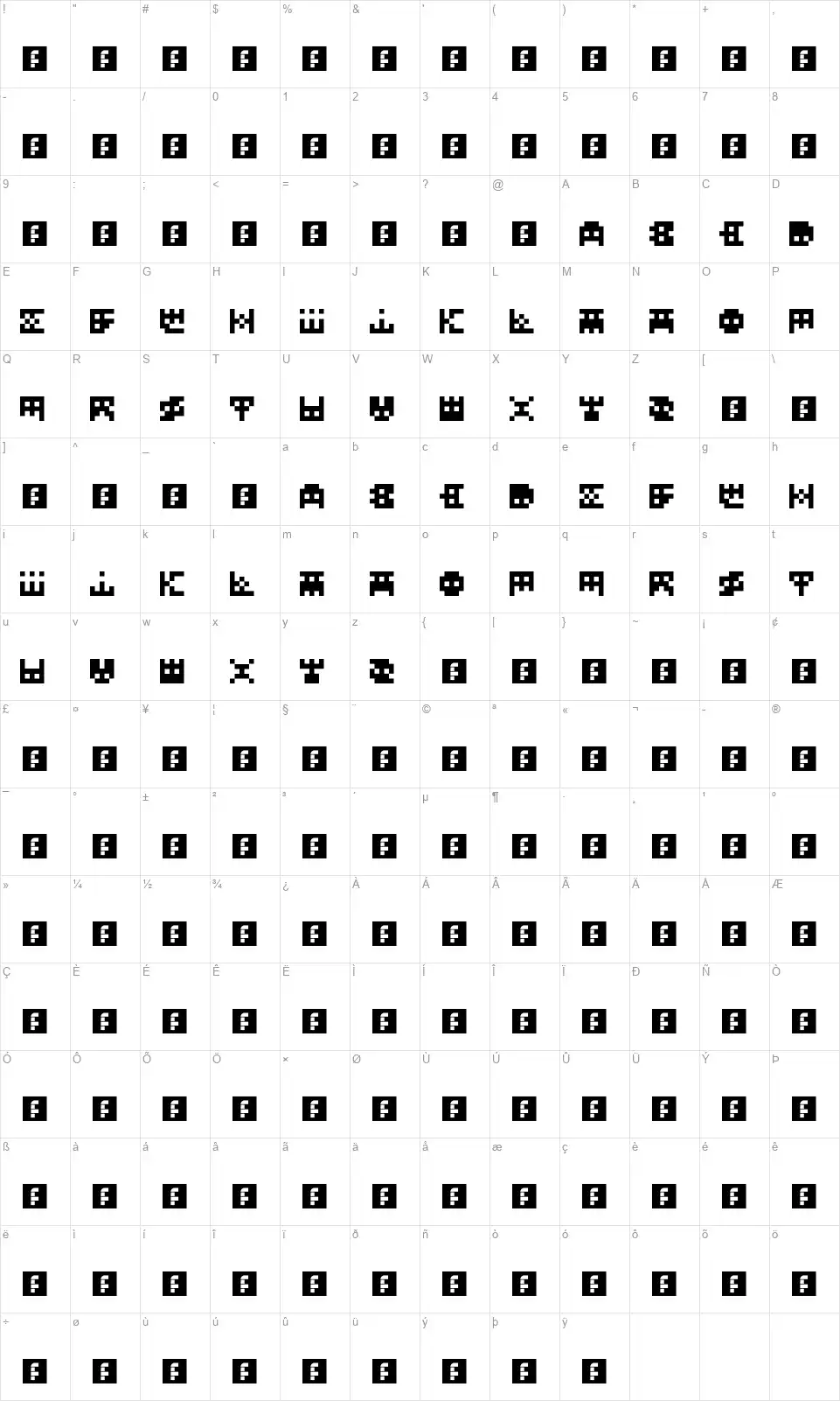 InvadeMytye Map InvadeMytyefont character map