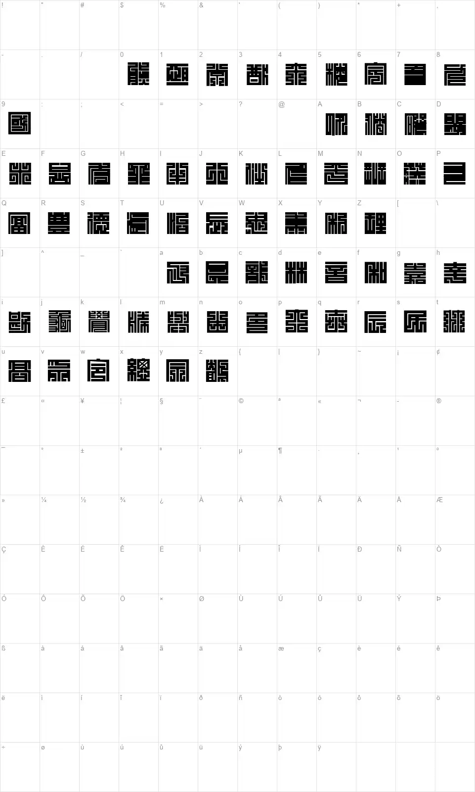 Kakuji 1 Map Kakuji 1font character map