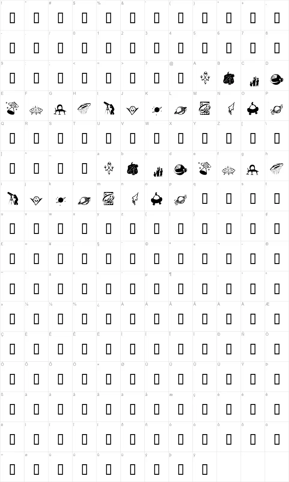 KR Out of this World Map KR Out of this Worldfont character map
