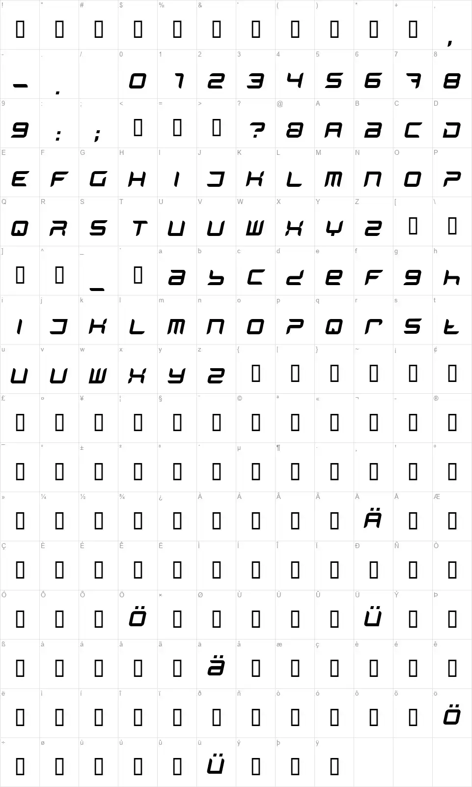 Phantom Map Phantomfont character map