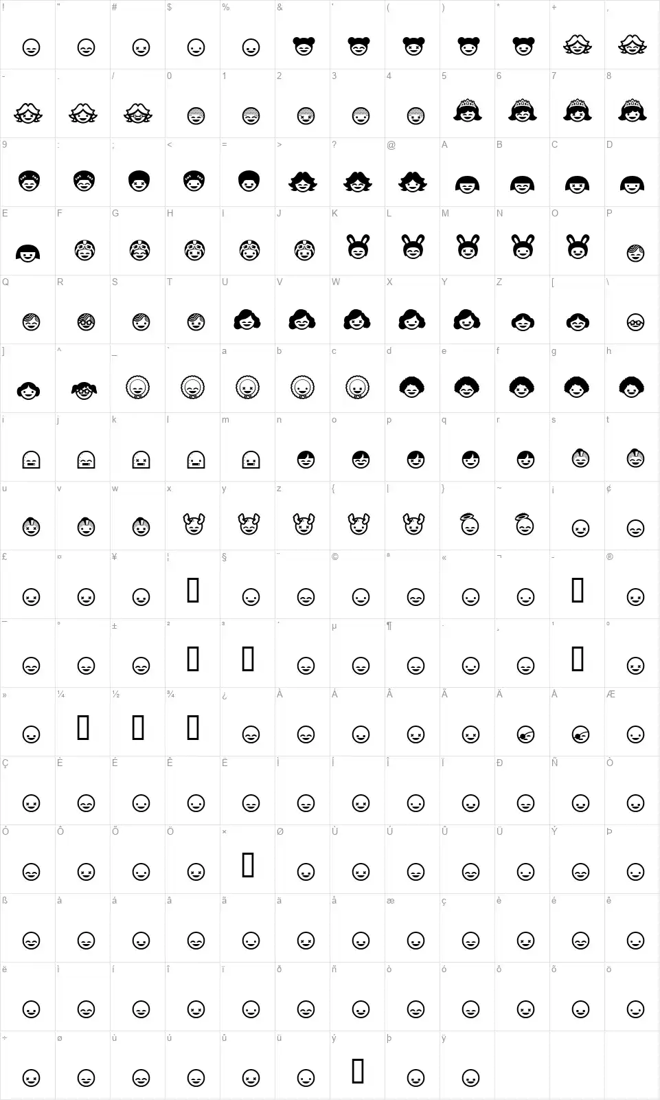 SkiPop Map SkiPopfont character map