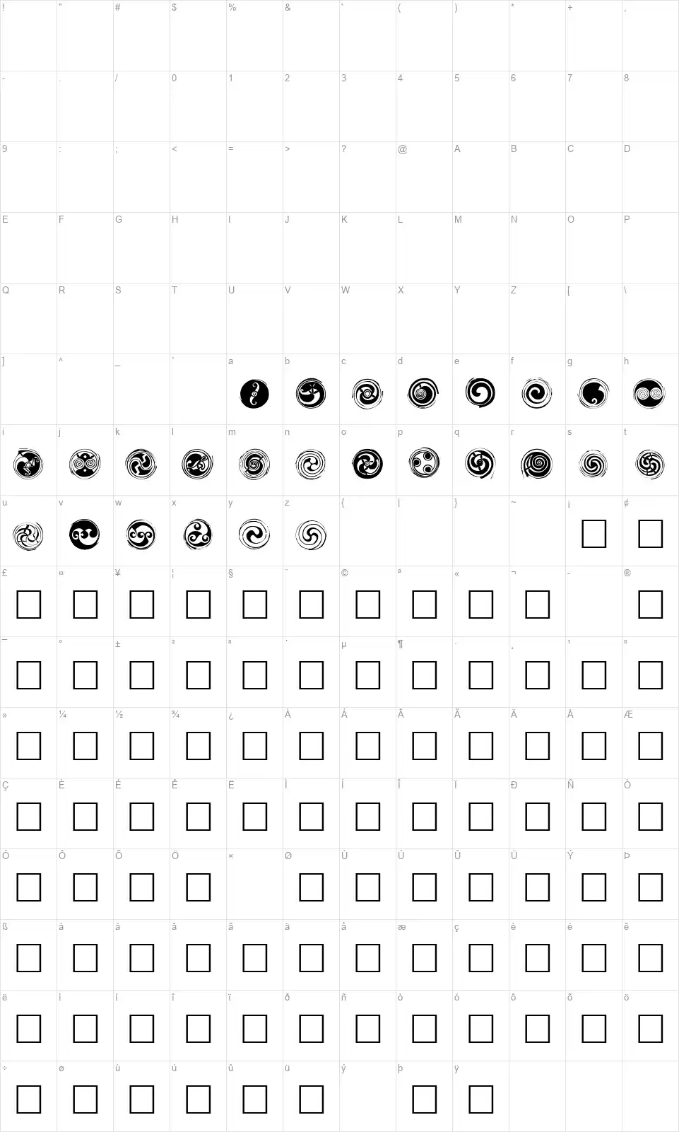 Spirals Map Spiralsfont character map