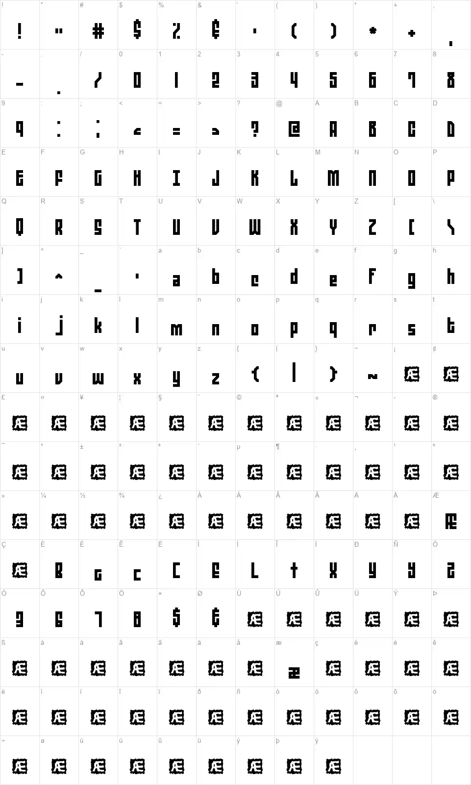 Zephyrean BRK Map Zephyrean BRKfont character map