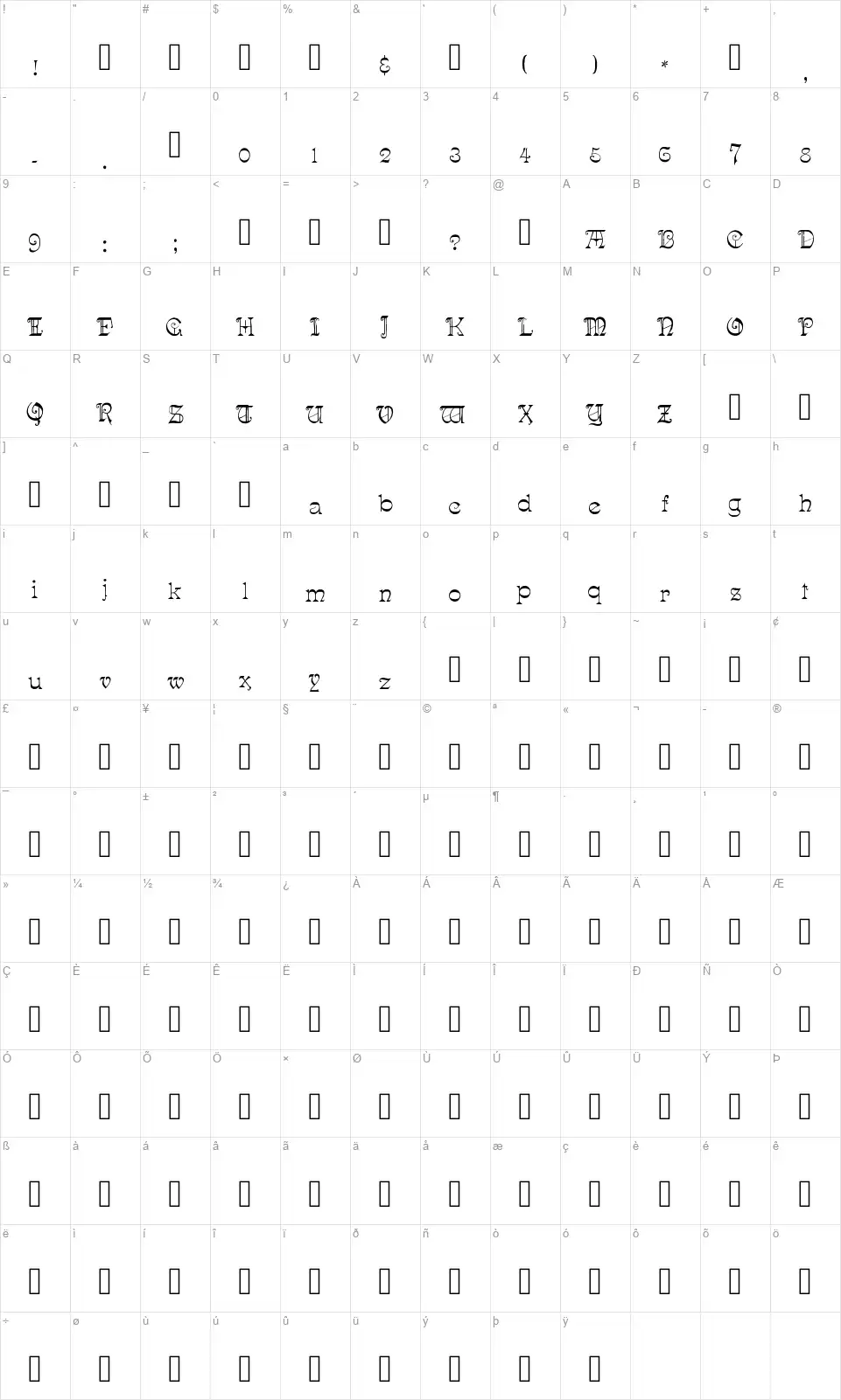 Pynson MS&J Map Pynson MS&Jfont character map